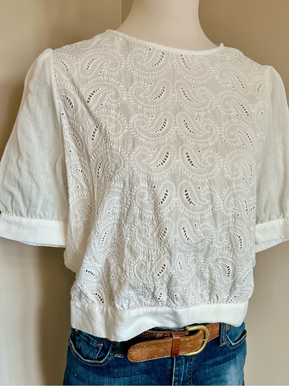 Monk & Lou Embroidered Rayon/Cotton Short-Sleeved Blouse w. Tie